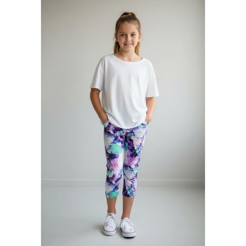 Teen Girls  Watercolor Marble Print‎ Capri Leggings Purple Teal  Size Small